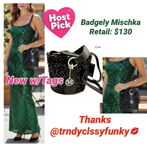 Badgley Mischka Black Sequin Drawstring Bucket Bag NWT NEW RETAIL:$130 - Picture 8 of 8